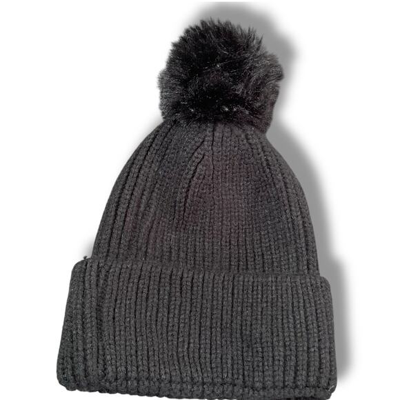 Steve Madden Womens Beanie Knit Faux Fur Pom Wide Cuff Black OS Cloud Ski Snow - Picture 6 of 9